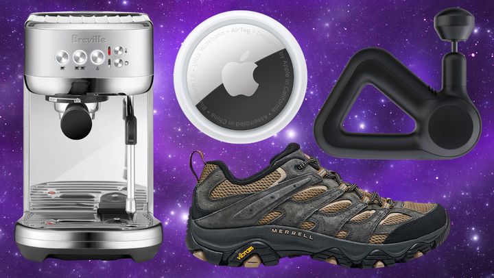 Breville Bambino espresso machine, Apple AirTag tracker, Merrell Moab 3 hiking shoe, TheraGun percussive massager