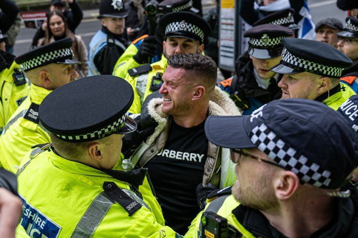 The far right activist Tommy Robinson is arrested on November 26, 2023.