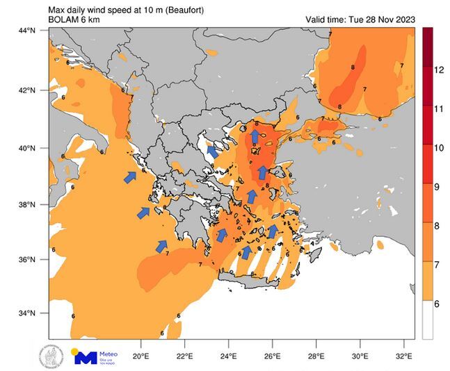 Χάρτης 2. Οι εκτιμώμενες μέγιστες εντάσεις και διευθύνσεις των ανέμων την Τρίτη 28/11/2023, όπως υπολογίστηκε από το αριθμητικό μοντέλο πρόγνωσης καιρού του meteo.gr / Εθνικού Αστεροσκοπείου Αθηνών.