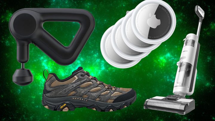 A TheraGun massage gun, Merrell Moab 3 hiking shoes, a four-pack of Apple AirTags and the TikTok-viral Tineco vacuum