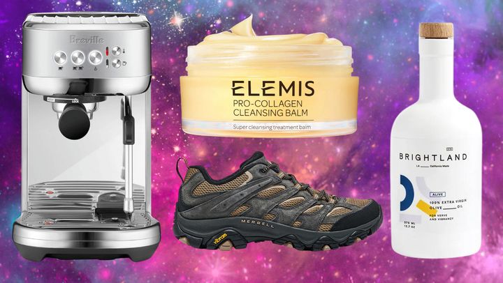 Breville's Bambino espresso maker, Elemis cleansing balm, Merrell Moab 3 hiking shoe, and Brightland olive oil