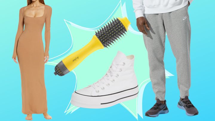 A Skims lounge dress, Drybar hair styling tool, Converse Chuck Taylor sneakers and Sportswear joggers.