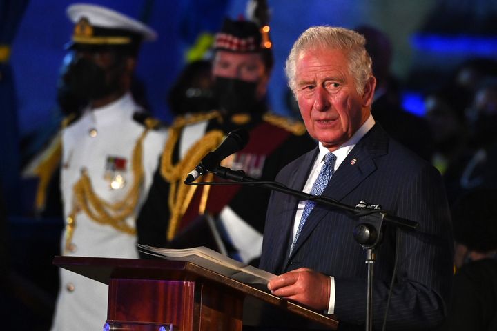 Then-Prince Charles speaks at the Presidential Inauguration Ceremony at Heroes Square on Nov. 30, 2021, in Bridgetown, Barbados. The Prince of Wales arrived in the country ahead of its transition to a republic within the Commonwealth.