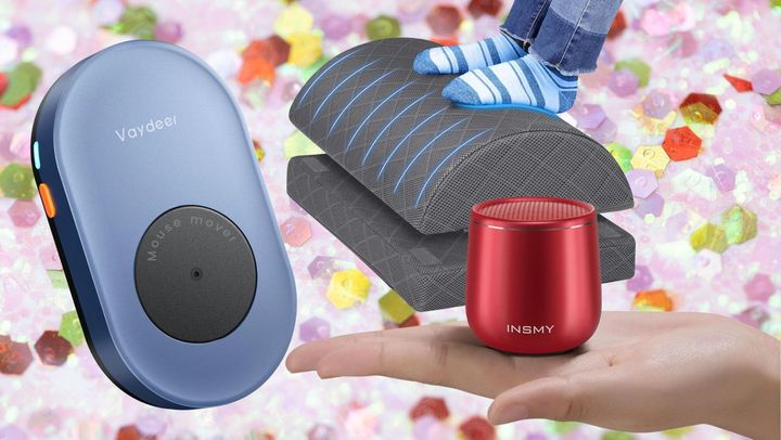 An undetectable mouse jiggler, a foam foot rest and a mini Bluetooth speaker.