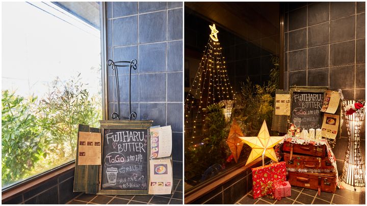 LiLiCoさんが店舗の飾りつけも担当した。普段のエントランス部分（写真左）も、クリスマス仕様で華やかに（写真右）
