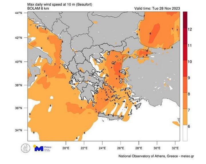 Στον Χάρτη 2, παρουσιάζεται η μέγιστη ένταση και η διεύθυνση των ανέμων για την Τρίτη 28/11.