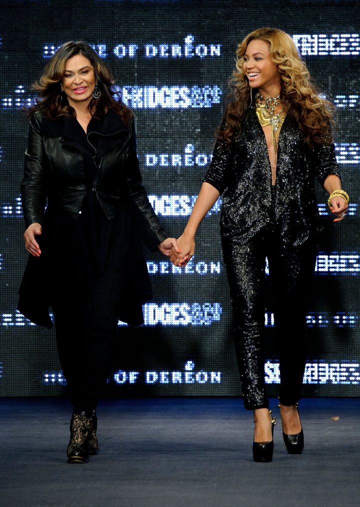 Tina Knowles (left) and Beyoncé are seen during London Fashion Week in England on Sept. 17, 2011.