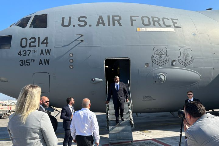 U.S. Defense Secretary Lloyd Austin arrives in Tel Aviv on Oct. 13 for meetings with senior Israeli government leaders and to see firsthand some of the U.S. weapons and security assistance that Washington rapidly delivered to Israel in the first week of its war with the militant Hamas group.