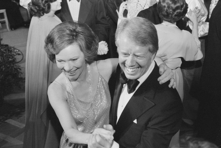 President Jimmy Carter and First Lady Rosalynn Carter dance at a White House Congressional Ball in 1978. 