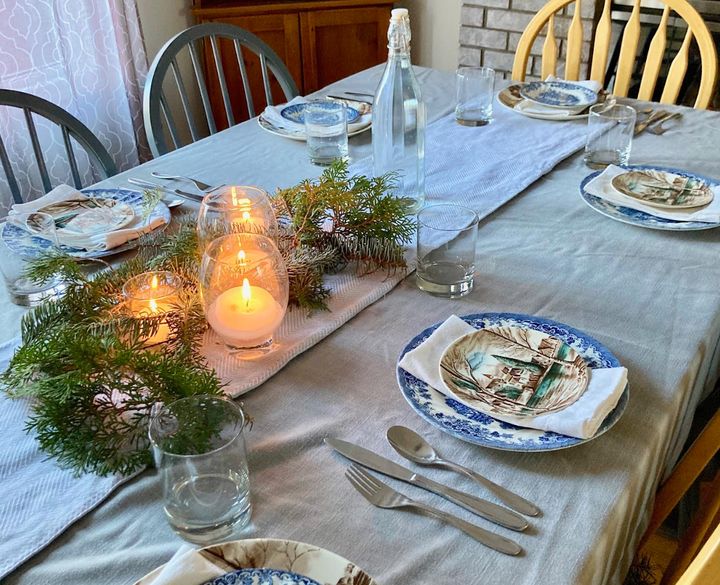 The author's simple tablescape for this year's Christmas in October.