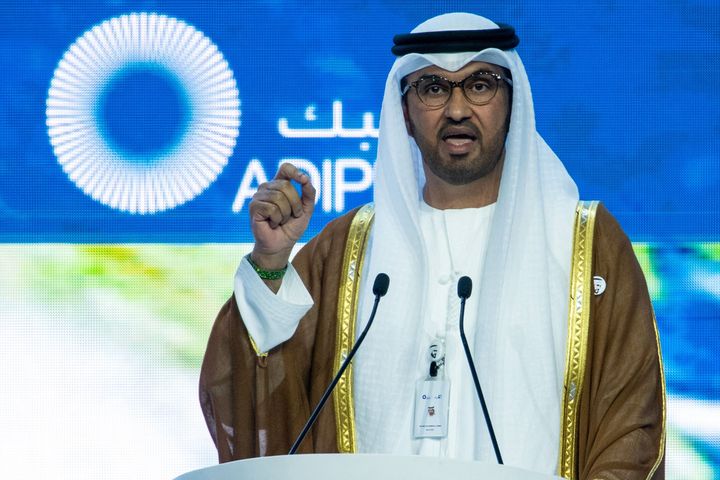 The president of the upcoming COP28 climate change Sultan Ahmed al-Jaber speaks during the Abu Dhabi International Petroleum Exhibition at ADNEC Exhibition Center Oct. 2, 2023. Jaber said that the fossil fuel industry would play an essential role in addressing the climate crisis. 