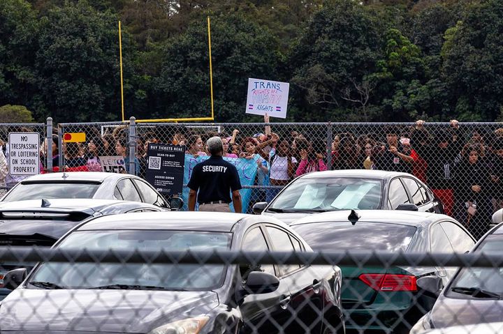 Students conduct a walkout Tuesday after the principal and other staff members were removed from their positions at Monarch High School in Coconut Creek, Florida.