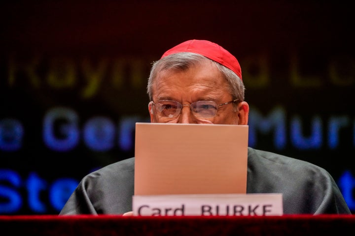 FILE - Cardinal Raymond Burke attends the conference "The synodal Babel" in a theater near the Vatican on Oct. 3, 2023. (AP Photo/Gregorio Borgia, File)