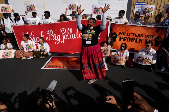 Demonstrators participated in a "Kick Big Polluters Out” protest at the COP27 climate summit in Sharm el-Sheikh, Egypt, in November 2022.