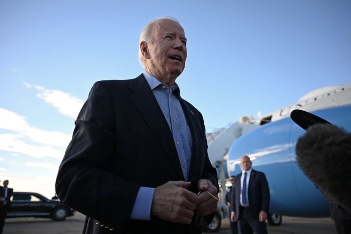 US President Joe Biden speaks to reporters before boarding Air Force One at Pueblo Memorial Airport in Pueblo, Colorado, on November 29, 2023, as he travels back to the White House in Washington, DC. (Photo by ANDREW CABALLERO-REYNOLDS / AFP) (Photo by ANDREW CABALLERO-REYNOLDS/AFP via Getty Images)