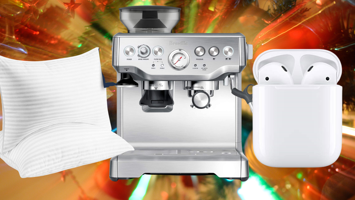 A Beckham Hotel pillow set, Breville espresso machine and Apple AirPods