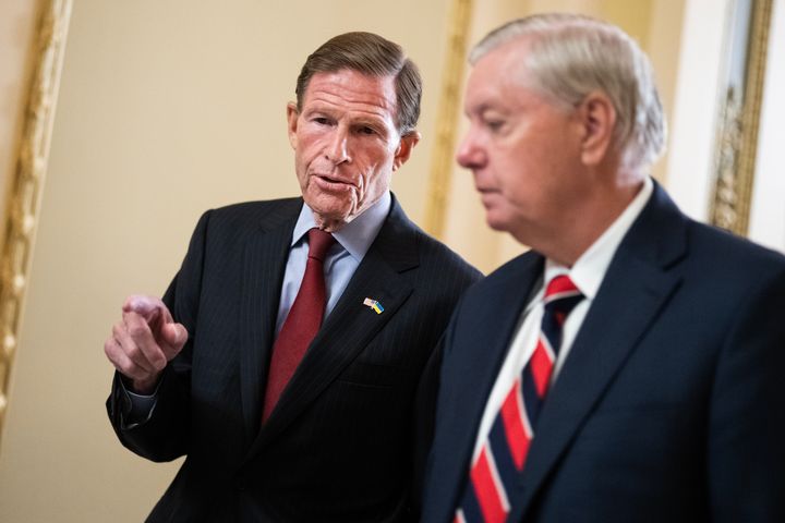 Aides to Sens. Richard Blumenthal (D-Conn.), left, and Lindsey Graham (R-S.C.), right, invited Senate personnel to attend a Tuesday screening in the Senate of a film documenting the Oct. 7 Hamas attack.
