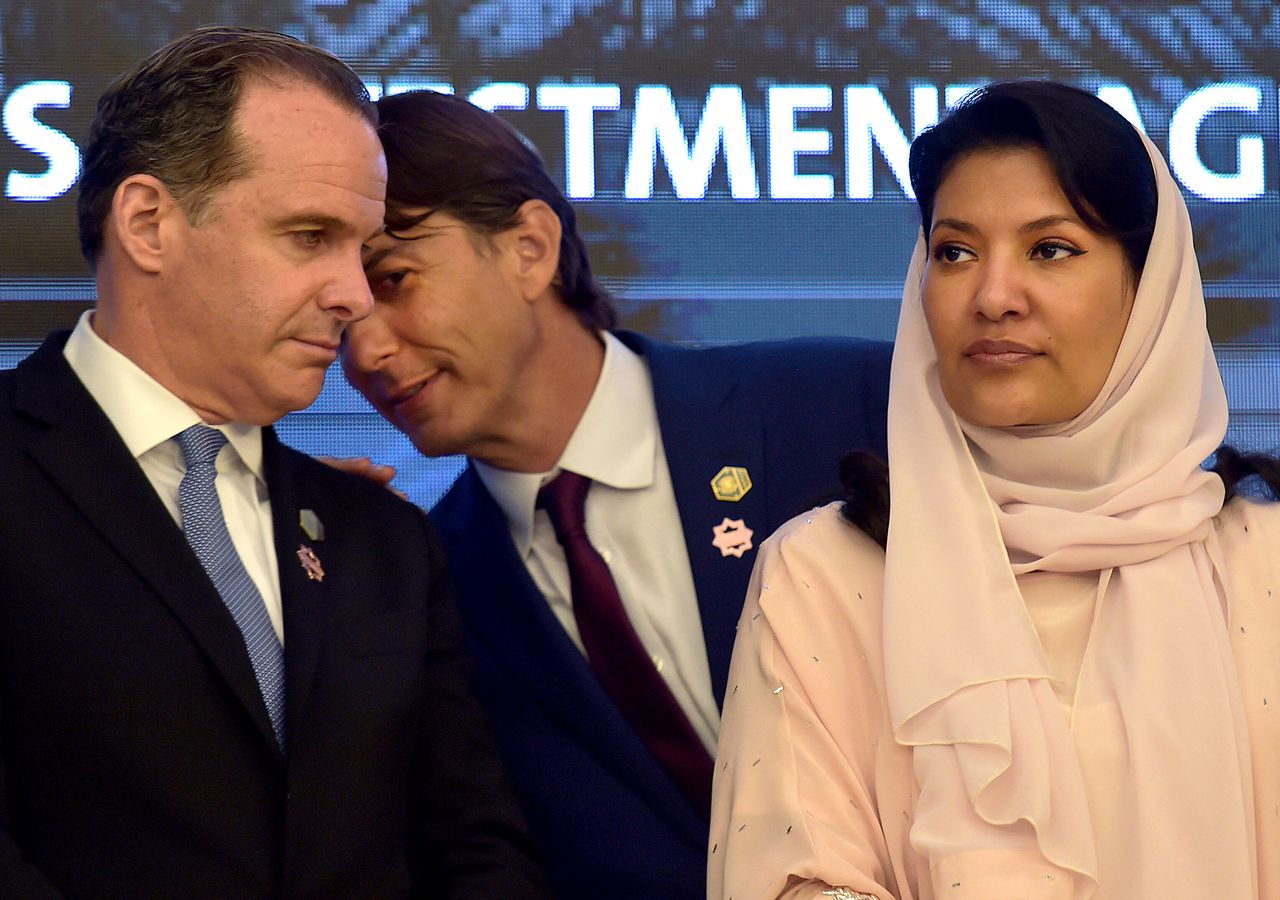 White House Middle East official Brett McGurk (left) is working closely with White House energy adviser Amos Hochstein (center) on a deal to normalize ties between Israel and Saudi Arabia, by liaising with officials like Saudi Ambassador to the U.S. Princess Reema bint Bandar Al Saud (right).