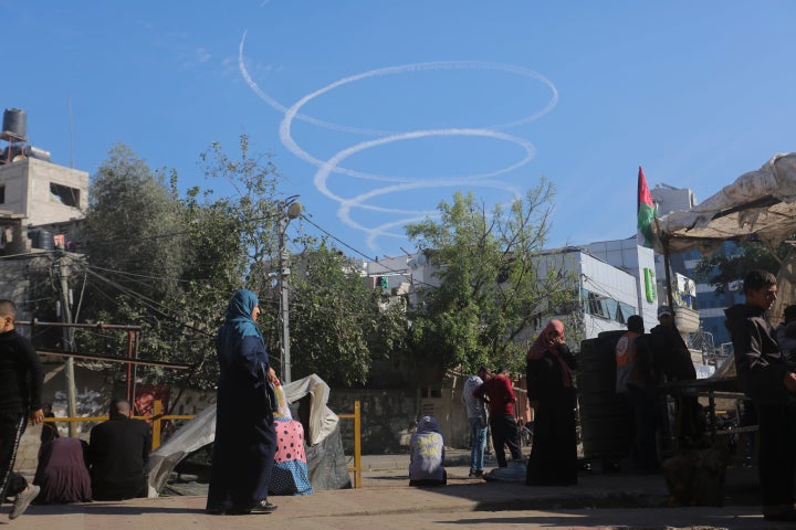 An Israeli warplane circles over Rafah, Gaza Strip, Thursday, Nov. 30, 2023, during a temporary ceasefire between Israel and Hamas. (AP Photo/Hatem Ali)