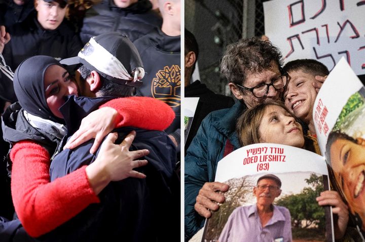 A prisoner freed from Israeli jail (L) and a freed Hamas hostage reuniting with loved ones