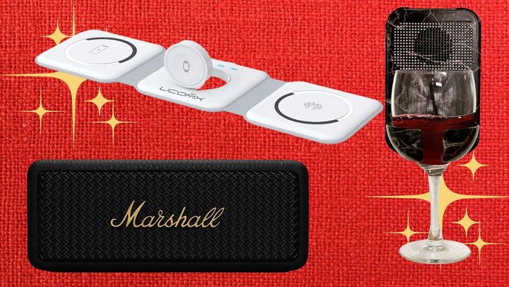 A mini Marshall portable speaker, a foldable charging pad and a shower wall-mounted wine glass holder. 