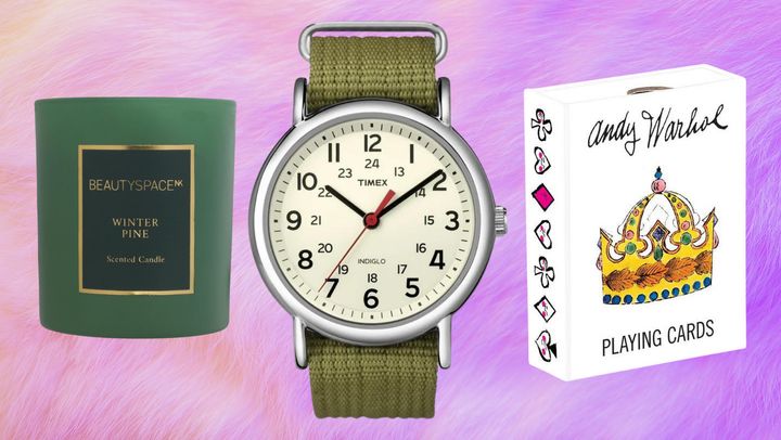 A SpaceNK candle, a Timex Weekender watch and an Andy Warhol-designed pack of playing cards