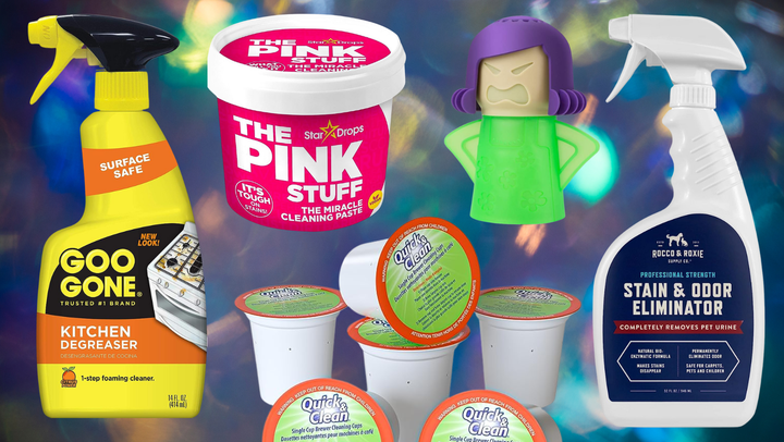 Goo Gone degreaser, the Pink Stuff cleaning paste, Quick & Clean Keurig cleaning pods, Angry Mama microwave cleaner, and Rocco & Roxie stain and odor spray