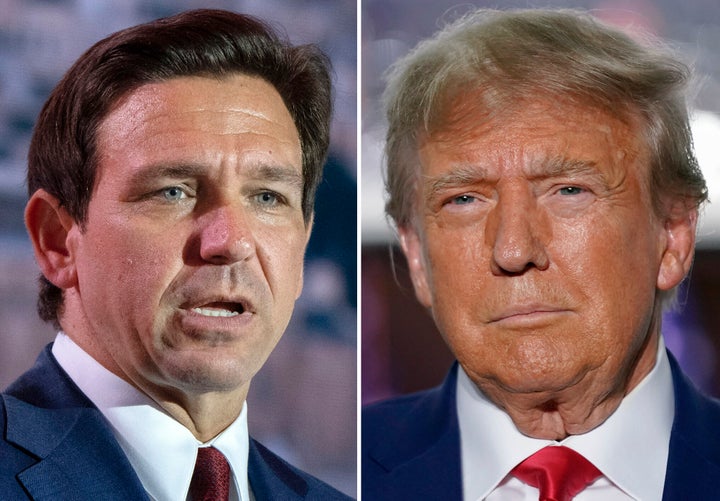FILE - This combination of photos shows Republican presidential candidates Florida Gov. Ron DeSantis and former President Donald. (AP Photo, File)