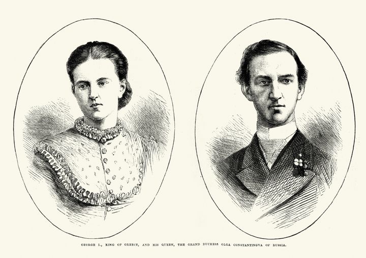 Ξυλόγλυπτο που απεικονίζει τον Γεώργιο Α' και την Ολγα σε νεαρή ηλικία