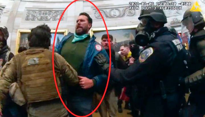 This image from police body-worn video, contained in the government's sentencing memorandum and annotated by the source, shows Klete Keller in the U.S. Capitol on Jan. 6, 2021, in Washington.