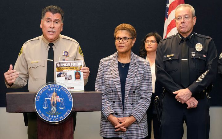 Los Angeles County Sheriff Robert Luna, left, Mayor Karen Bass, and Los Angeles Police Department Chief Michel Moore announce the arrest of a suspect in three recent killings of homeless men, on Saturday, Dec. 2, 2023, in Los Angeles. (AP Photo/Damian Dovarganes)