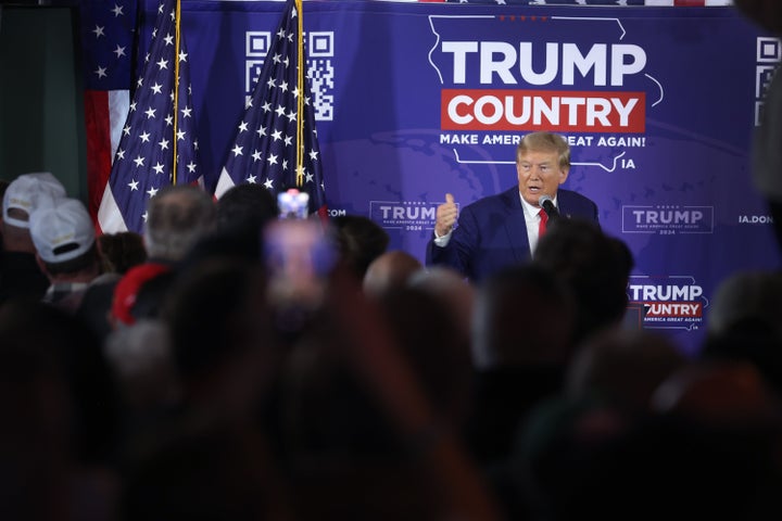 ANKENY, IOWA - DECEMBER 02: Republican presidential candidate former President Donald Trump speaks a a commit to caucus campaign event at the Whiskey River bar on December 02, 2023 in Ankeny, Iowa. Iowa Republicans will be the first to select their party's nominee for president when they go to caucus on January 15, 2024. (Photo by Scott Olson/Getty Images)