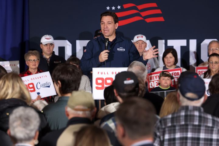 NEWTON, IOWA - DECEMBER 02: Republican presidential candidate Florida Governor Ron DeSantis speaks to guests during a campaign rally at the Thunderdome on December 02, 2023 in Newton, Iowa. Iowa Republicans will be the first to select their party's nominee for president when they go to caucus on January 15, 2024. (Photo by Scott Olson/Getty Images)