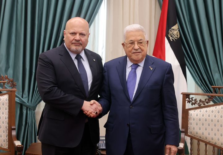 Palestinian President Mahmoud Abbas (R) meets with International Criminal Court Chief Prosecutor Karim Khan (L) in Ramallah, West Bank on Dec. 2, 2023.
