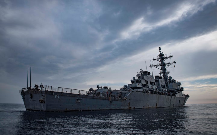 This image provided by the U.S. Navy shows the USS Carney in the Mediterranean Sea on Oct. 23, 2018. The USS Carney, a Navy destroyer, on Thursday, Oct. 19, 2023, took out three missiles that had been fired from Yemen and were heading north, U.S. officials said. The officials spoke on condition of anonymity to discuss military operations not yet announced. (Mass Communication Spc. 1st Class Ryan U. Kledzik/U.S. Naval Forces Europe-Africa via AP)