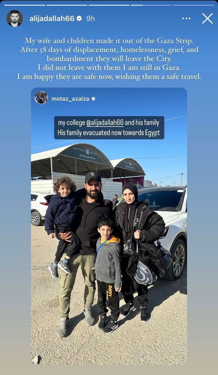A screenshot from the public Instagram account of Gaza photojournalist Ali Jadallah, who says his wife and children have escaped Gaza to safety.