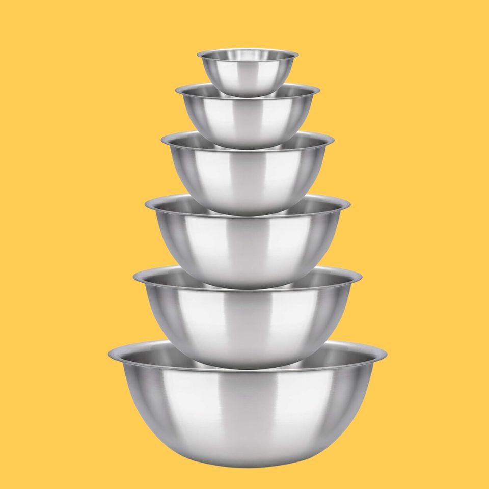 A set of six stainless steel mixing bowls
