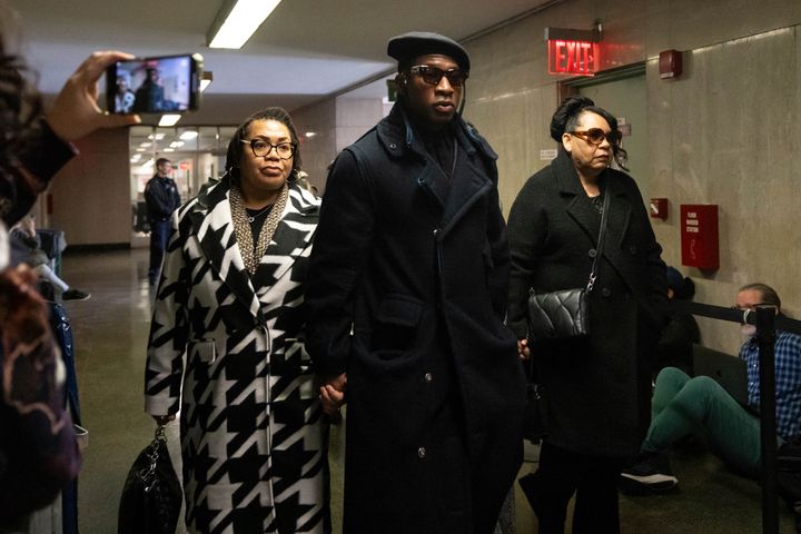 Jonathan Majors arrives Monday at the New York City courthouse for a trial on domestic violence charges.