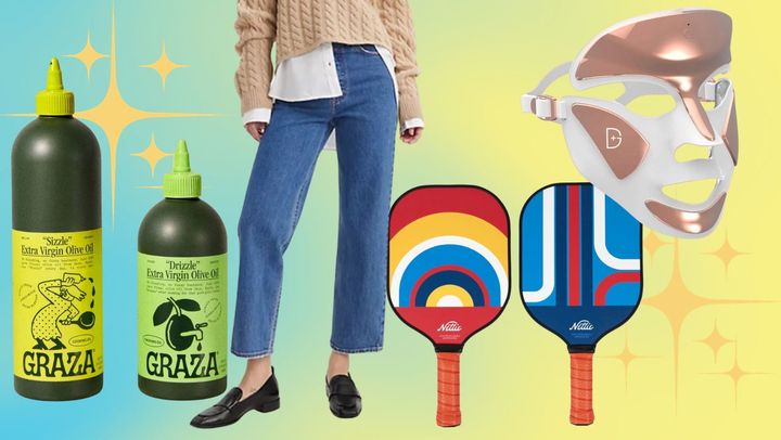 A Graza artisan olive oil set, a pair of Levi’s Ribcage jeans, a Nettie pickleball set and the Dr. Dennis Gross LED mask.
