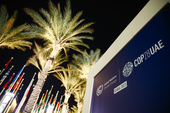 COP28 logo on the opening day of the United Nations Climate Change Conference COP28 in Dubai, United Arab Emirates