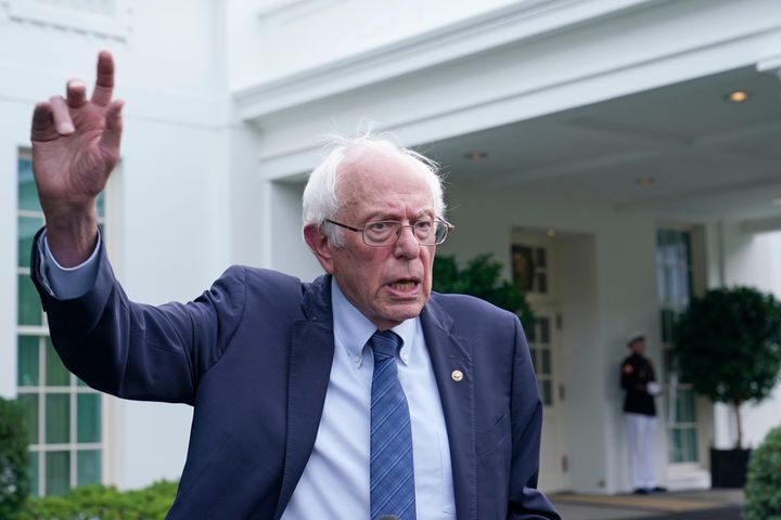 Sen. Bernie Sanders (I-Vt.) talks with reporters following his meeting with President Joe Biden at the White House on Aug. 30.