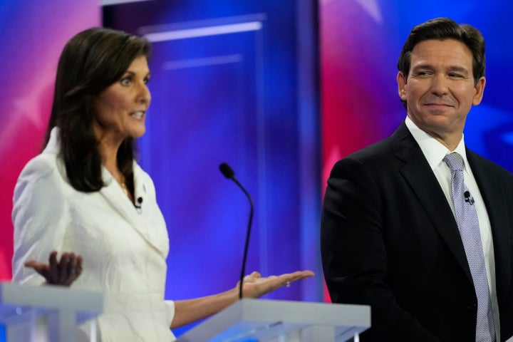 Former U.N. Ambassador Nikki Haley and Florida Gov. Ron DeSantis at the Nov. 8 Republican presidential primary debate hosted by NBC News in Miami. Haley and DeSantis will return this Wednesday, joined by Ohio businessman Vivek Ramaswamy and former New Jersey Gov. Chris Christie in Tuscaloosa, Alabama.