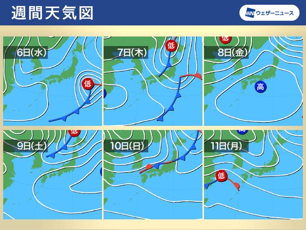 週間予想天気図 6日(水)〜11日(月)