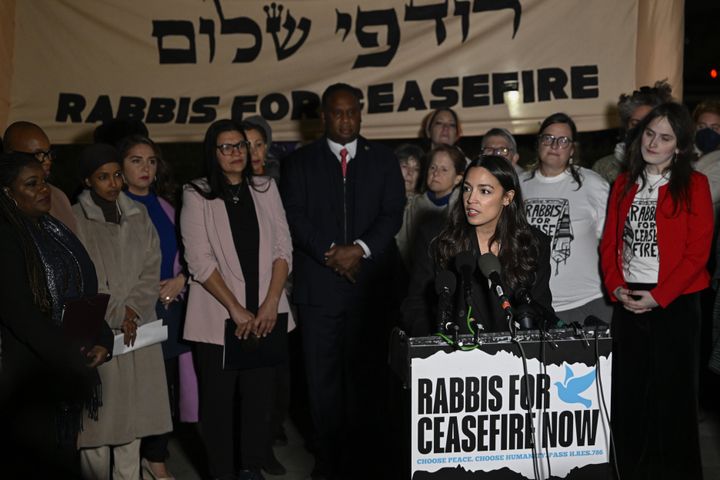 Ocasio-Cortez speaks at a Nov. 13 rally in Washington for a ceasefire in the Israel-Hamas War in Gaza. She has become a confident pro-Palestinian voice on Capitol Hill.