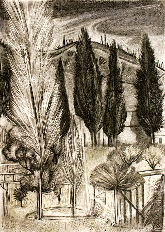 Τοπίο στο Άγιον Όρος, 1994, κάρβουνο και παστέλ σε χαρτί, 66x47,5 εκ.