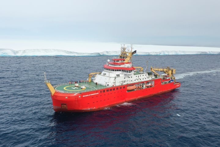 In this handout photo provided by the British Antarctic Survey, the RRS Sir David Attenborough in front of A23a iceberg in Antarctica, Friday, Dec. 1, 2023.