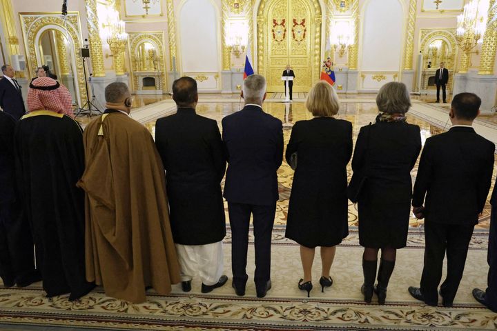 Putin delivering a speech at a ceremony to receive credentials from newly appointed foreign ambassadors to Russia at the Kremlin in Moscow on December 4, 2023
