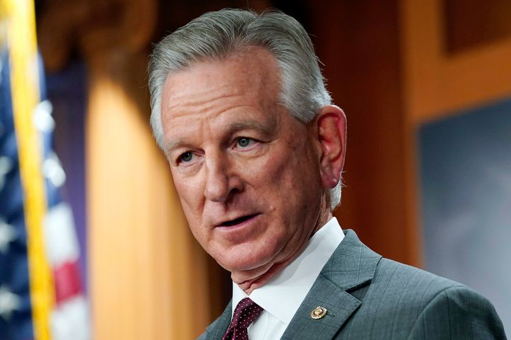 FILE - Sen. Tommy Tuberville, R-Ala., listens to a question during a news conference, March 30, 2022, in Washington. (AP Photo/Mariam Zuhaib, File)