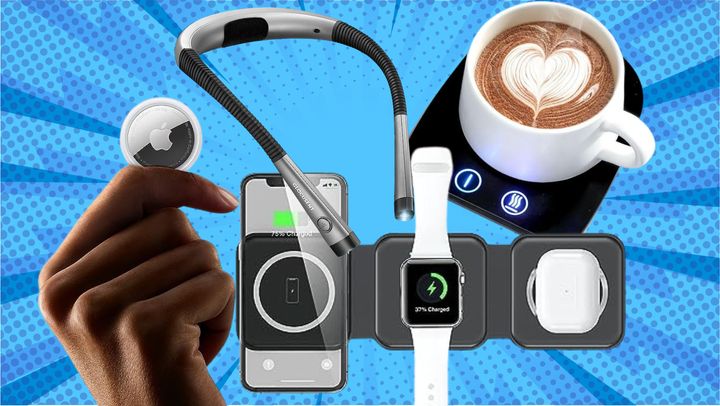 An Apple AirTag, hands-free reading light, three-in-one wireless charger and mug warmer.