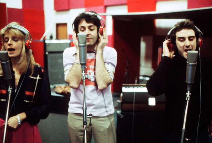 Linda McCartney, Paul McCartney and Denny Laine of Wings recording in London, 1973.